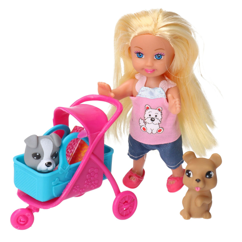 Conjunto Mini Boneca com Carrinho e Cães Cinza Castanho