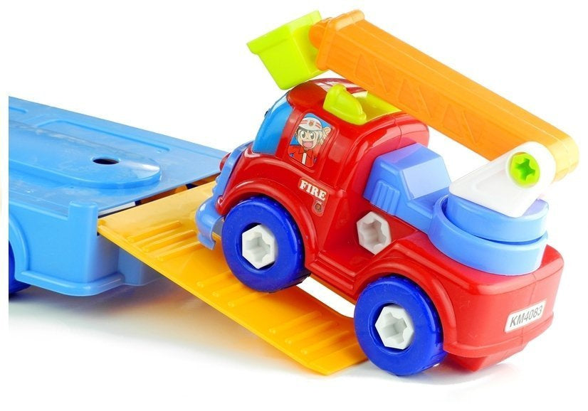 Conjunto de veículos desmontáveis polícia, camião de bombeiros e camião de transporte