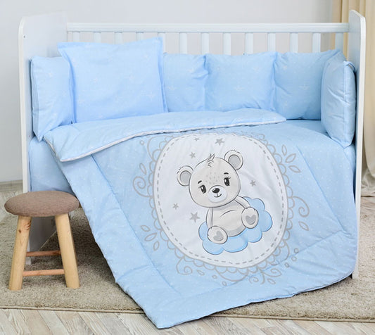 Conjunto textil de cama 5pç + Amortecedor Berço Lorelli Ranforce Little Bear Blue