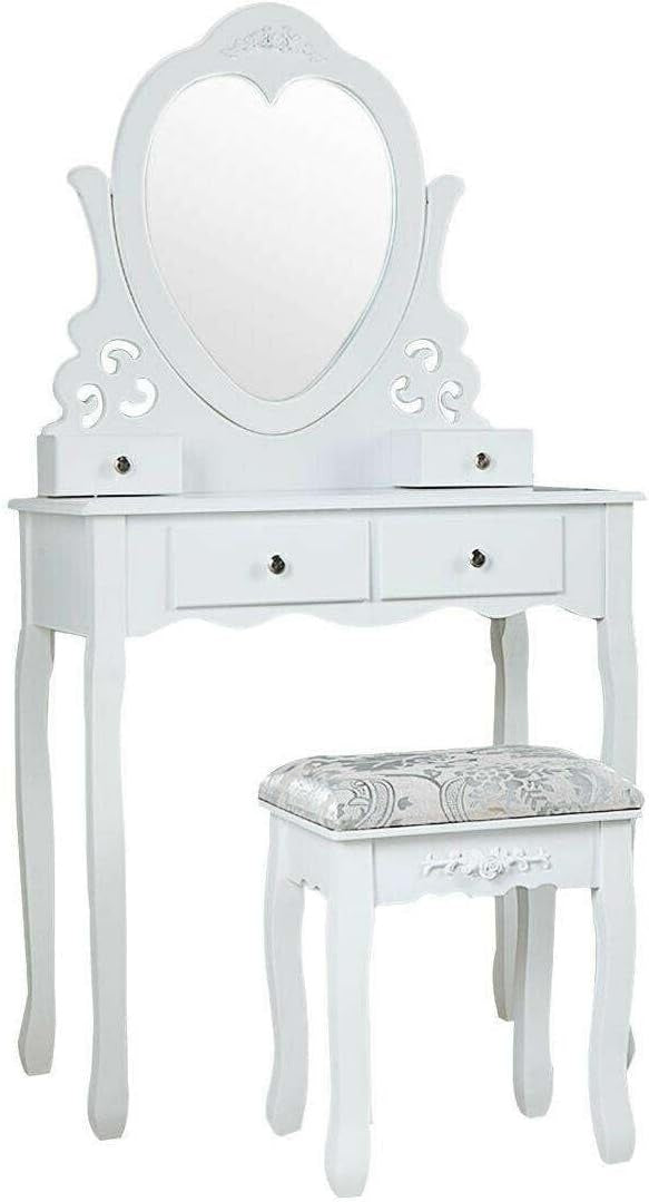 Toucador com espelho em forma de coração e banco 50 x 30 x 136 cm branco