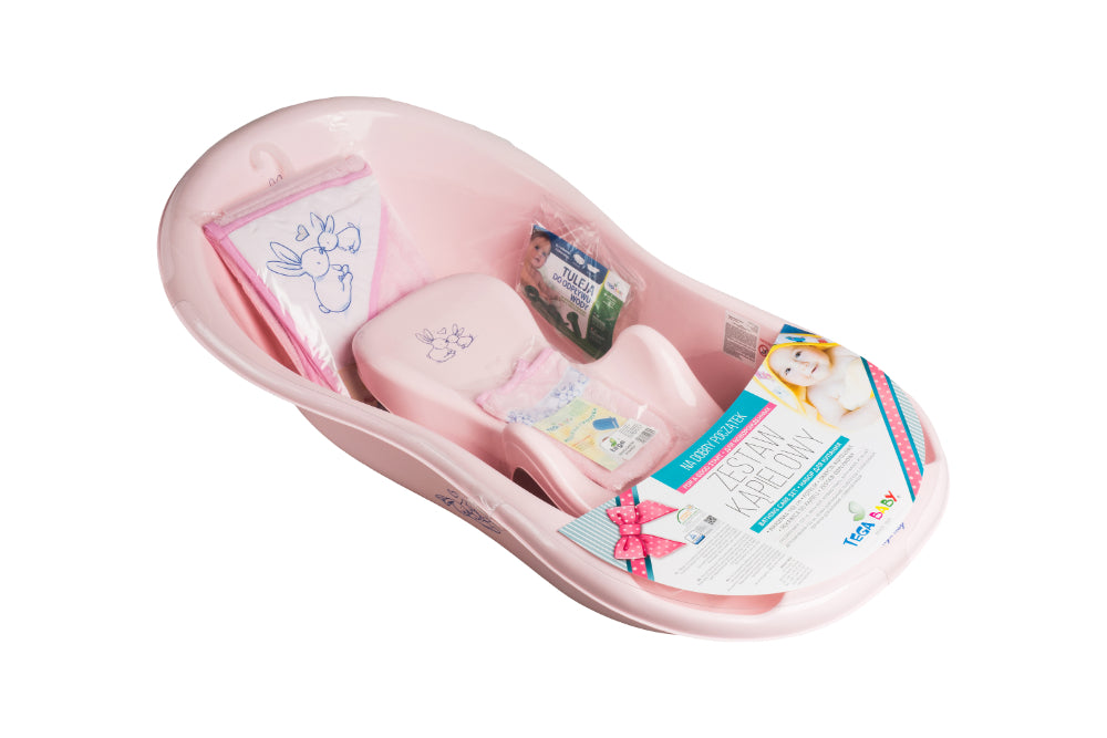Conjunto de Banheira de 102 cm, com assento, Toalha e luva de banho e tubo de drenagem B.Active Little Bunnies Pink