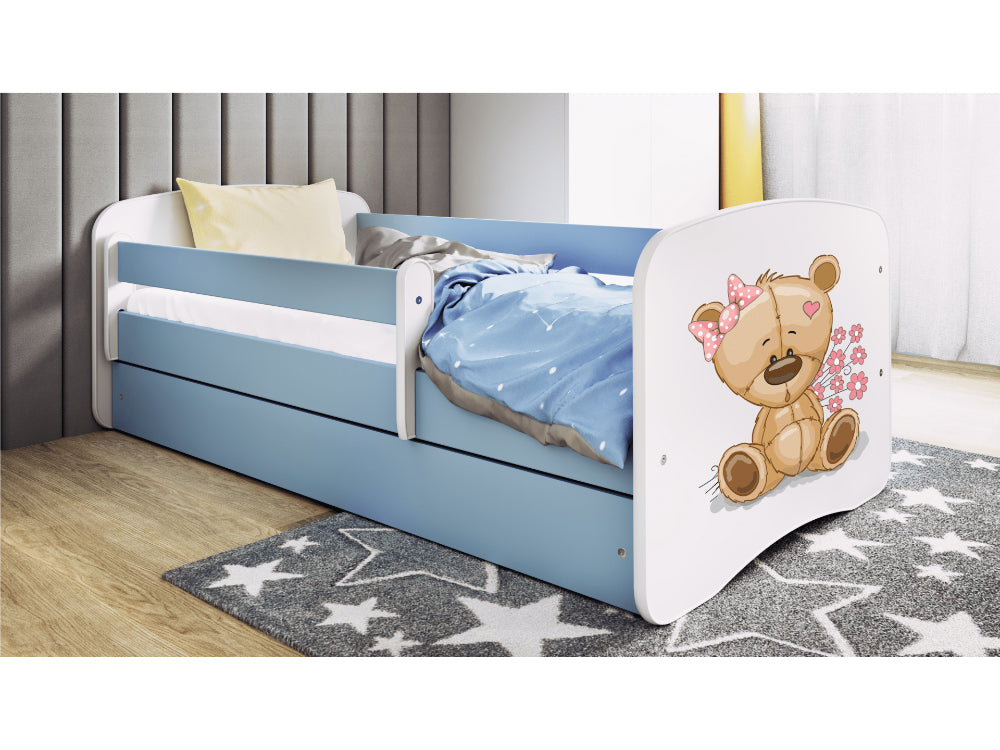 Cama 160 x80 cm Kocot Kids com gaveta e colchão BabyDreams Teddybear Flowers Blue