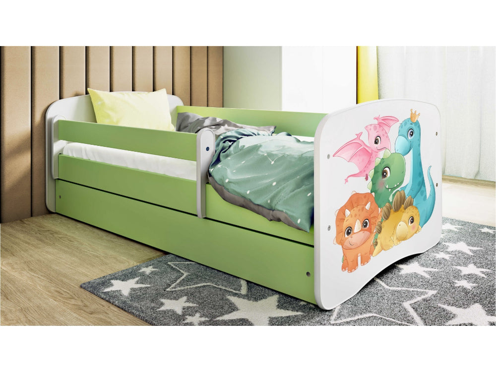Cama 160 x 80 cm Kocot Kids com gaveta e colchão BabyDreams Tiny Dinos Green