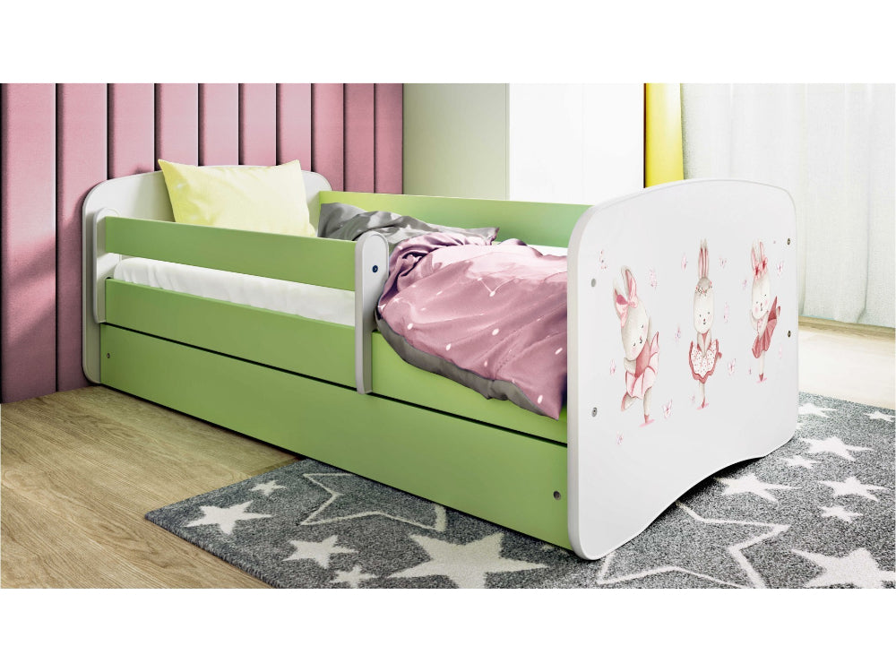Cama 180 x 80 cm Kocot Kids com gaveta e colchão BabyDreams Dancing Bunnies Green