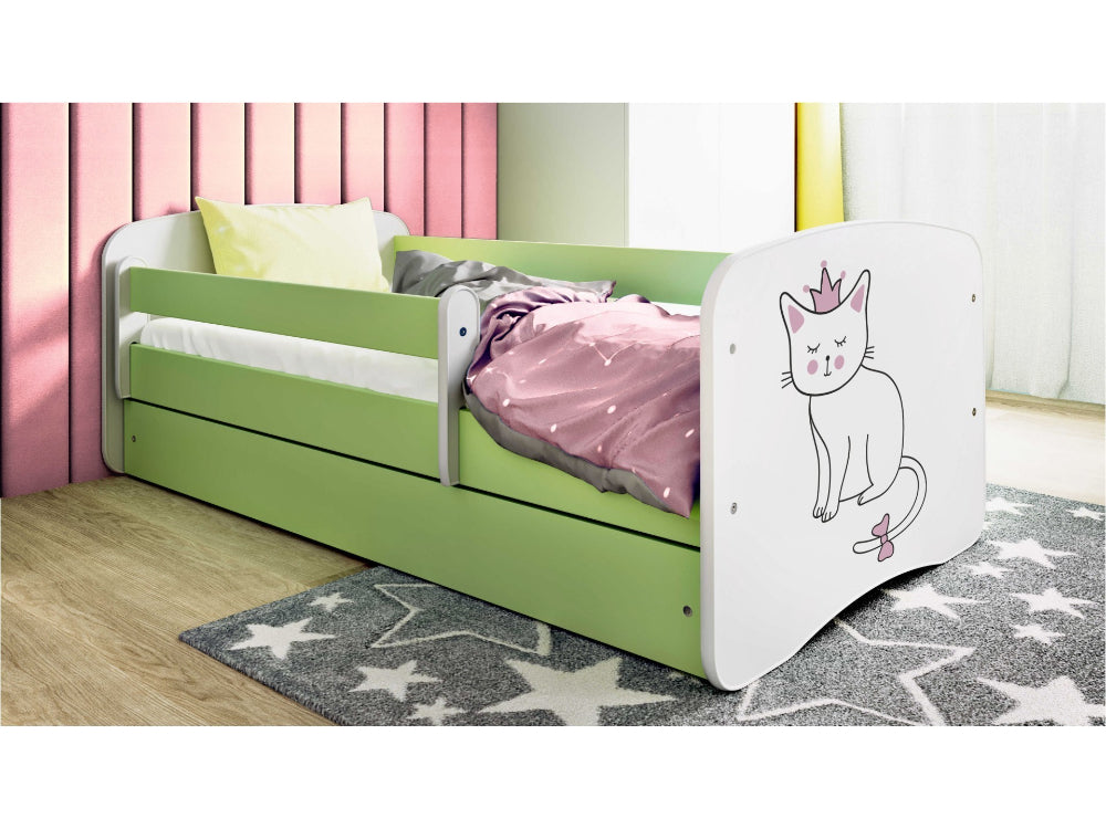 Cama 180 x 80 cm Kocot Kids com gaveta e colchão BabyDreams Cat Green