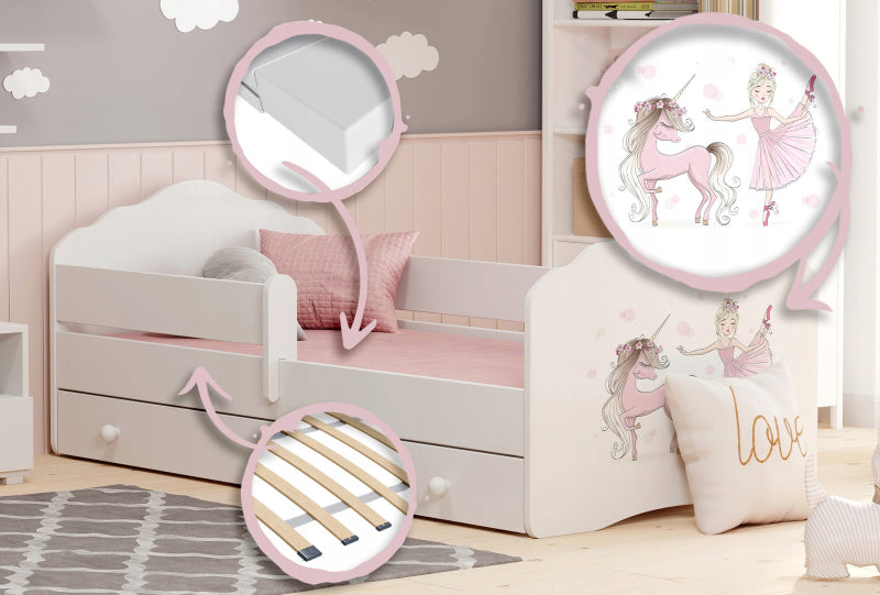 Cama de criança 140 x 70 com gaveta, colchão e estrado incluídos Kobi Wave Girl with a unicorn