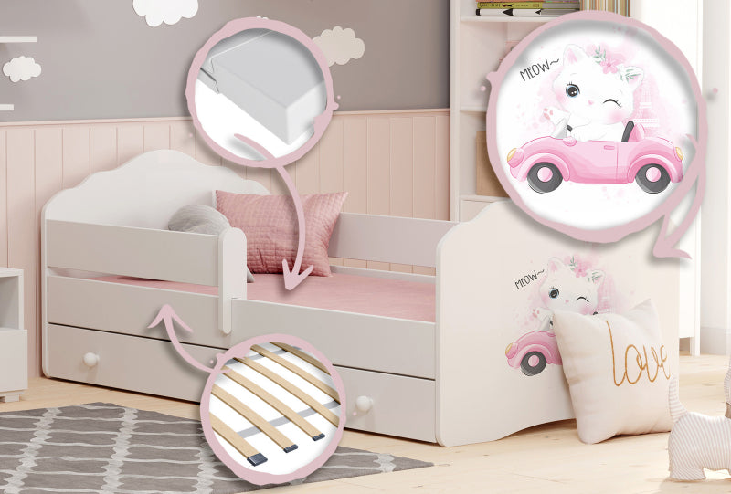 Cama de criança 140 x 70 com gaveta, colchão e estrado incluídos Kobi Wave Cat