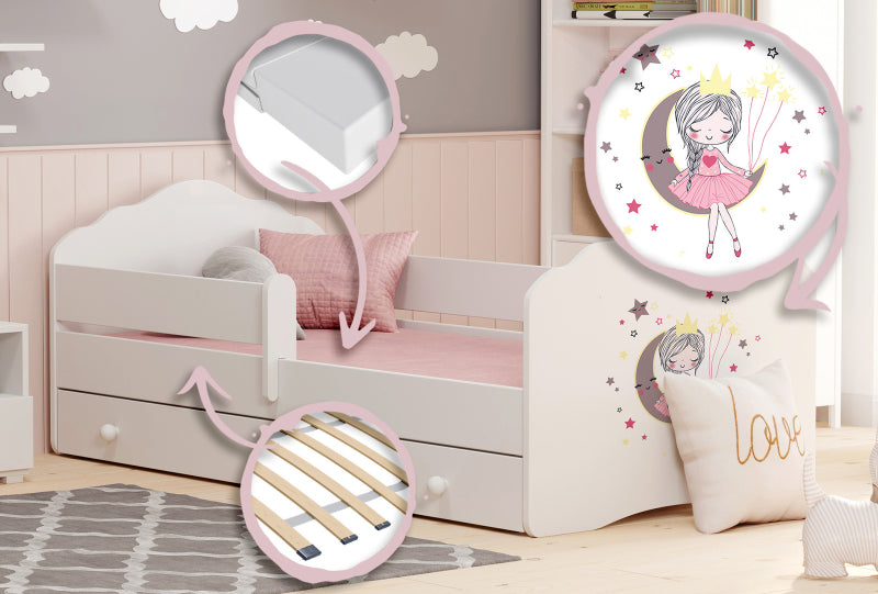 Cama de criança 140 x 70 com gaveta, colchão e estrado incluídos Kobi Wave Sleeping Princess