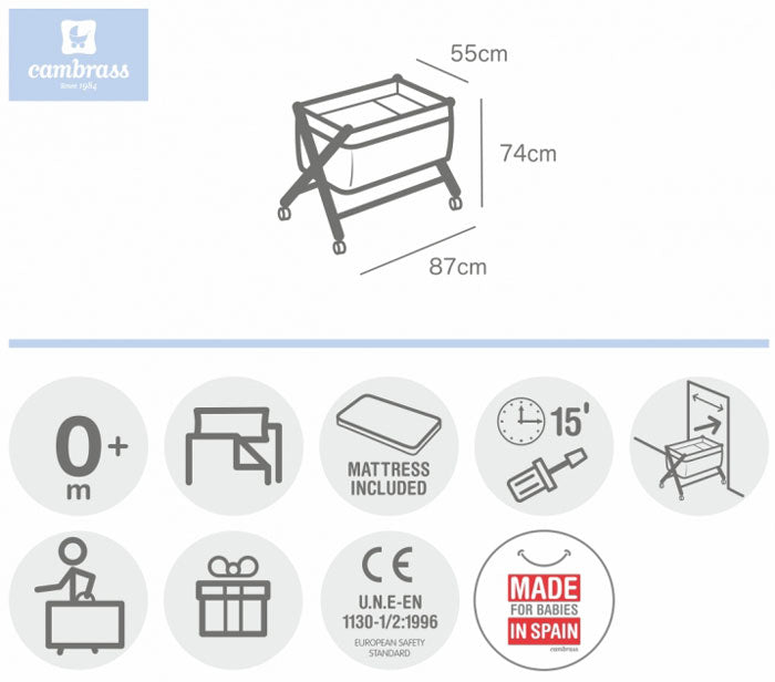 CAMBRASS - BERÇO DE MADEIRA ASTRA ROSA 55x87x74 CM