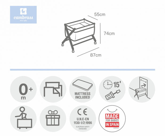 CAMBRASS - BERÇO DE MADEIRA CÉU CINZA / NATURAL 55x87x74 CM