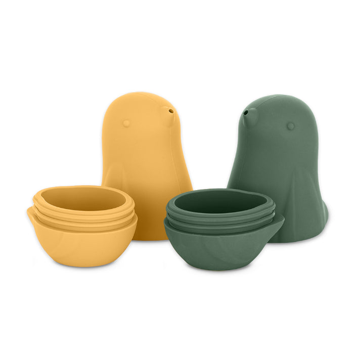 Brinquedos de banho de silicone Petite&Mars Love birds Ochre Green