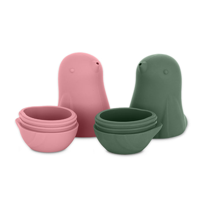 Brinquedos de banho de silicone Petite&Mars Love birds Pink Green