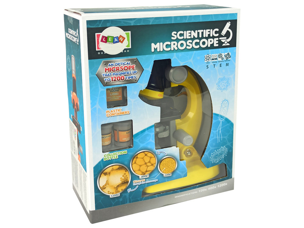 Microscópio científico educativo amarelo 100x 400x 1200x