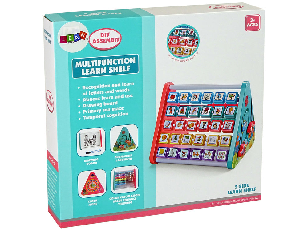 Prateleira educativa triangular contadores letras objetos animais