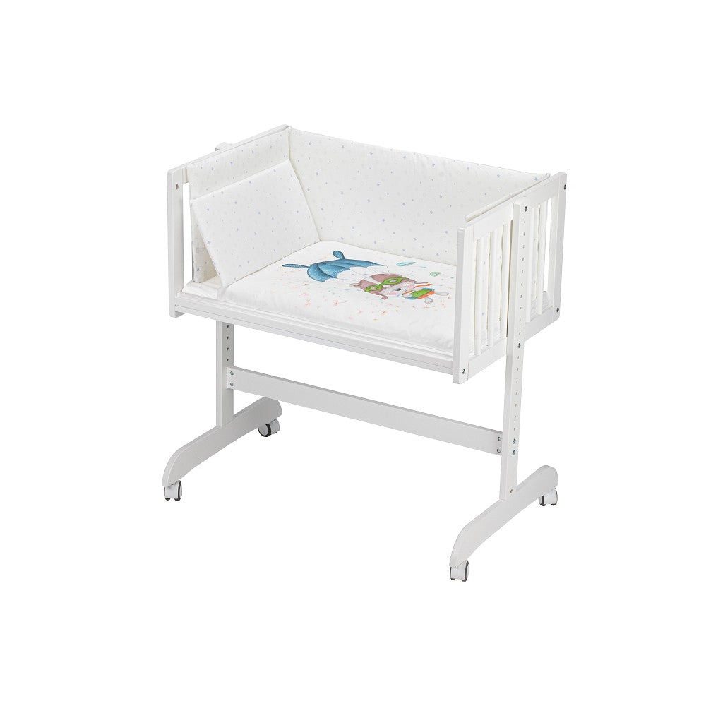 Berço Co Sleep Em Branco Minana Faia+Lençóis+Vestimenta+Colchão Paracaidas Azul Interbaby