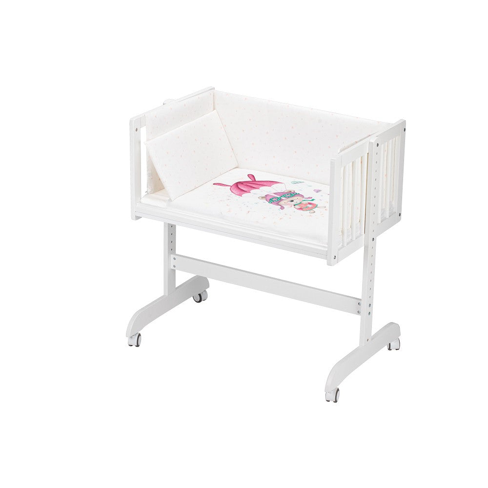 Berço Co Sleep Em Branco Minana Faia+Lençóis+Vestimenta+Colchão Paracaidas Rosa Interbaby