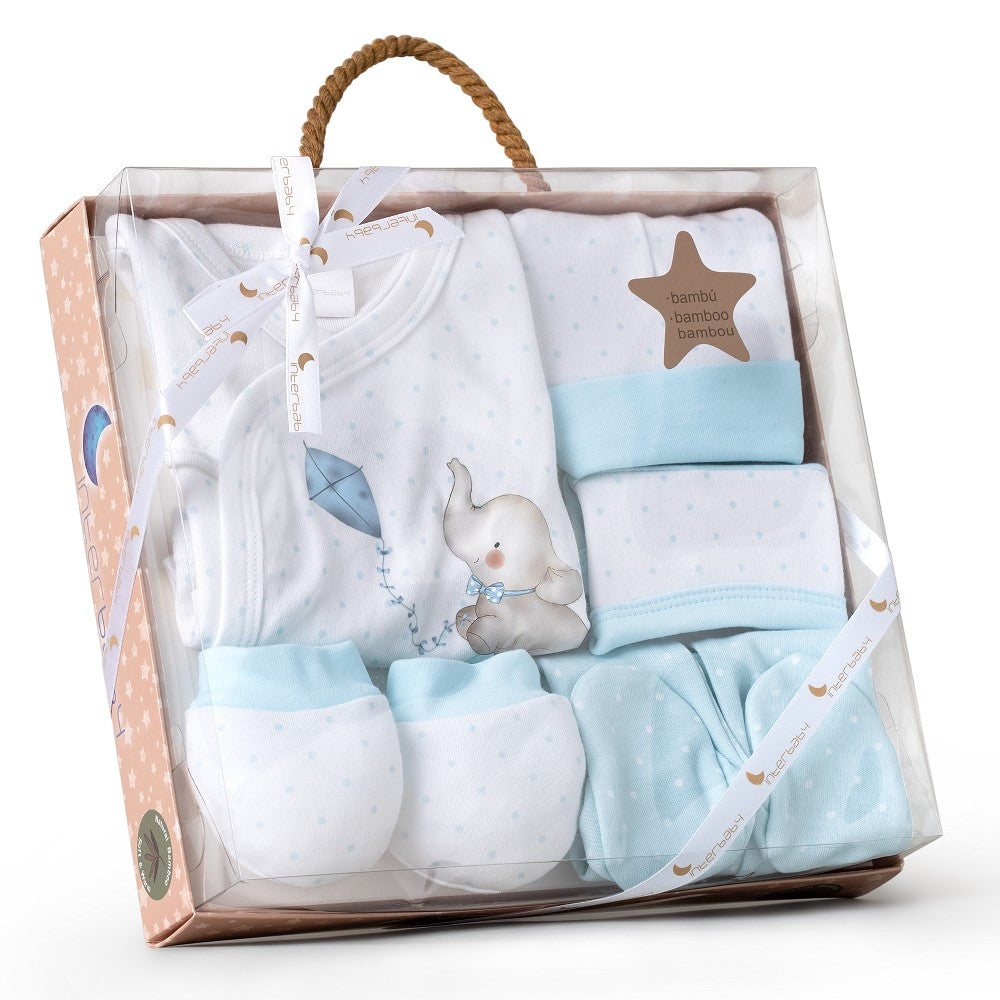 Conjunto 5 Pcs(Camisa+Calça+Luva+Babete+Meias)+Recém Nascidos(0 6 Meses) 100%Alg. Elefante Azul Interbaby