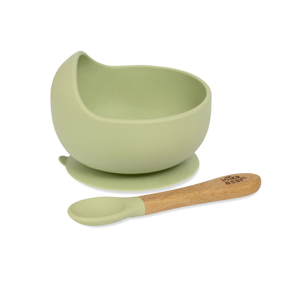 Taça Com Ventosa + Colher De Silicone Verde Oliva Interbaby