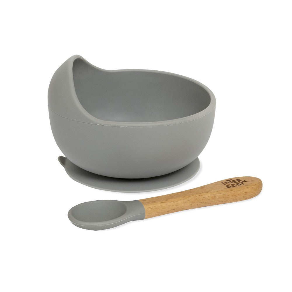 Taça Com Ventosa + Colher De Silicone Cinza Petrola Interbaby