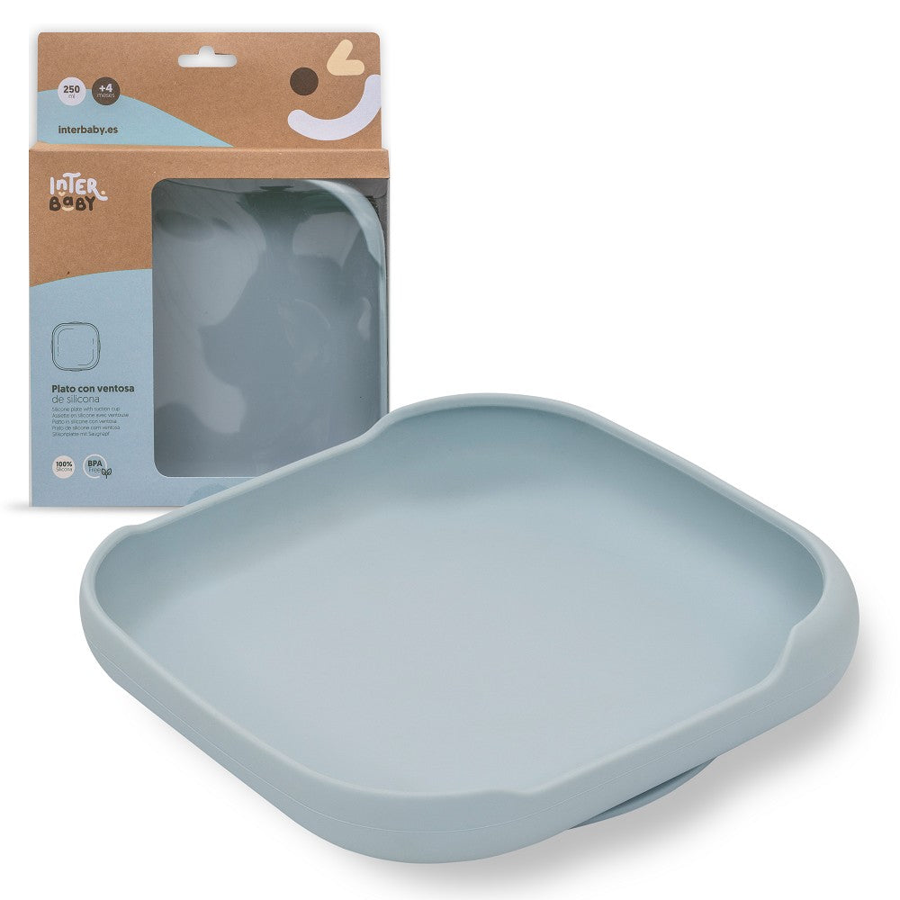 Prato De Silicone Com Ventosa Azul Cinzento Interbaby