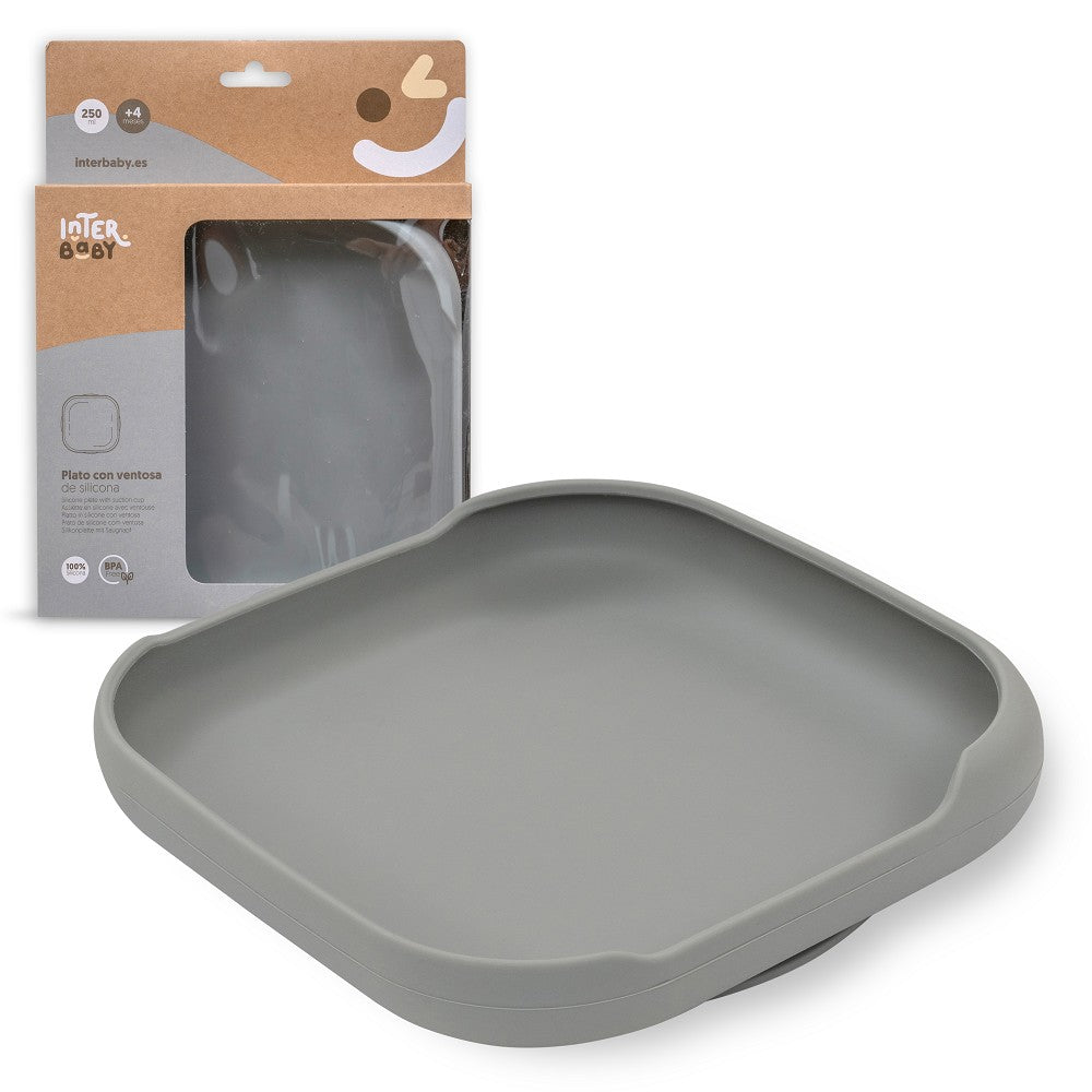 Prato De Silicone Com Ventosa Cinza Petrola Interbaby