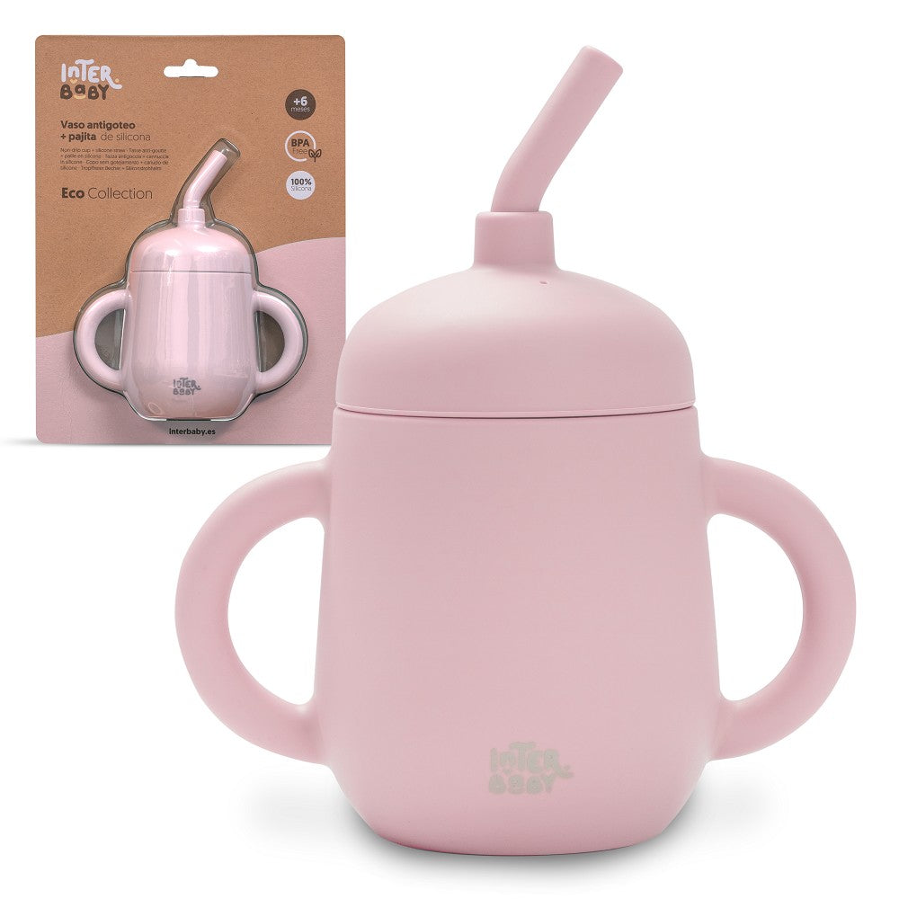 Copo Anti Gota + Palha De Silicone Rosa Escuro Interbaby