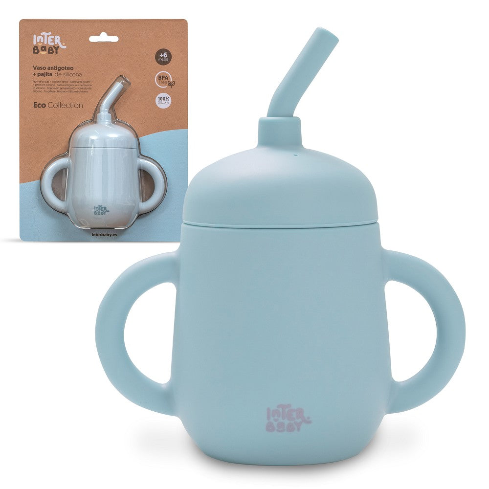 Copo Anti Gota + Palha De Silicone Azul Cinzento Interbaby
