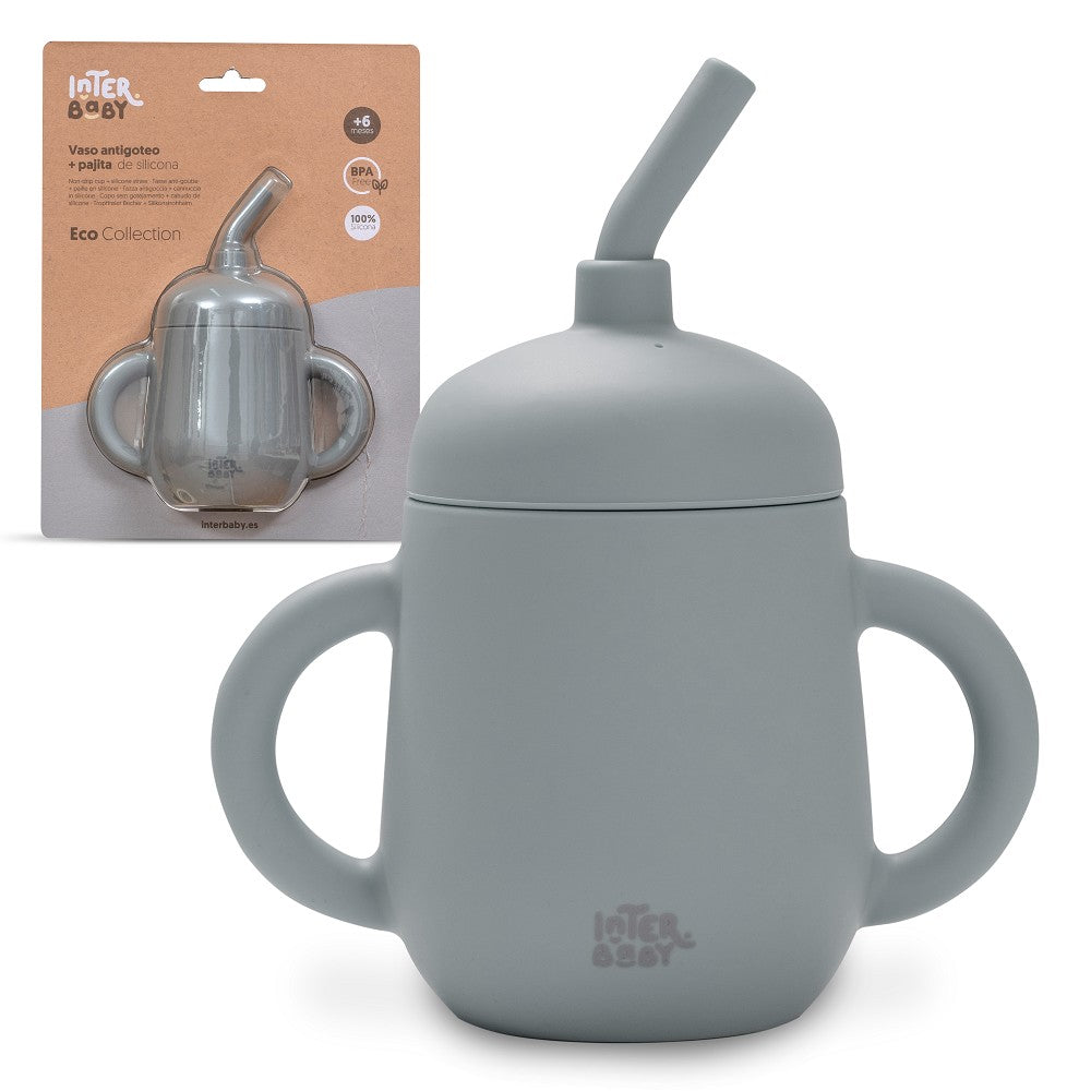 Copo Anti Gota + Palha De Silicone Cinza Petrola Interbaby