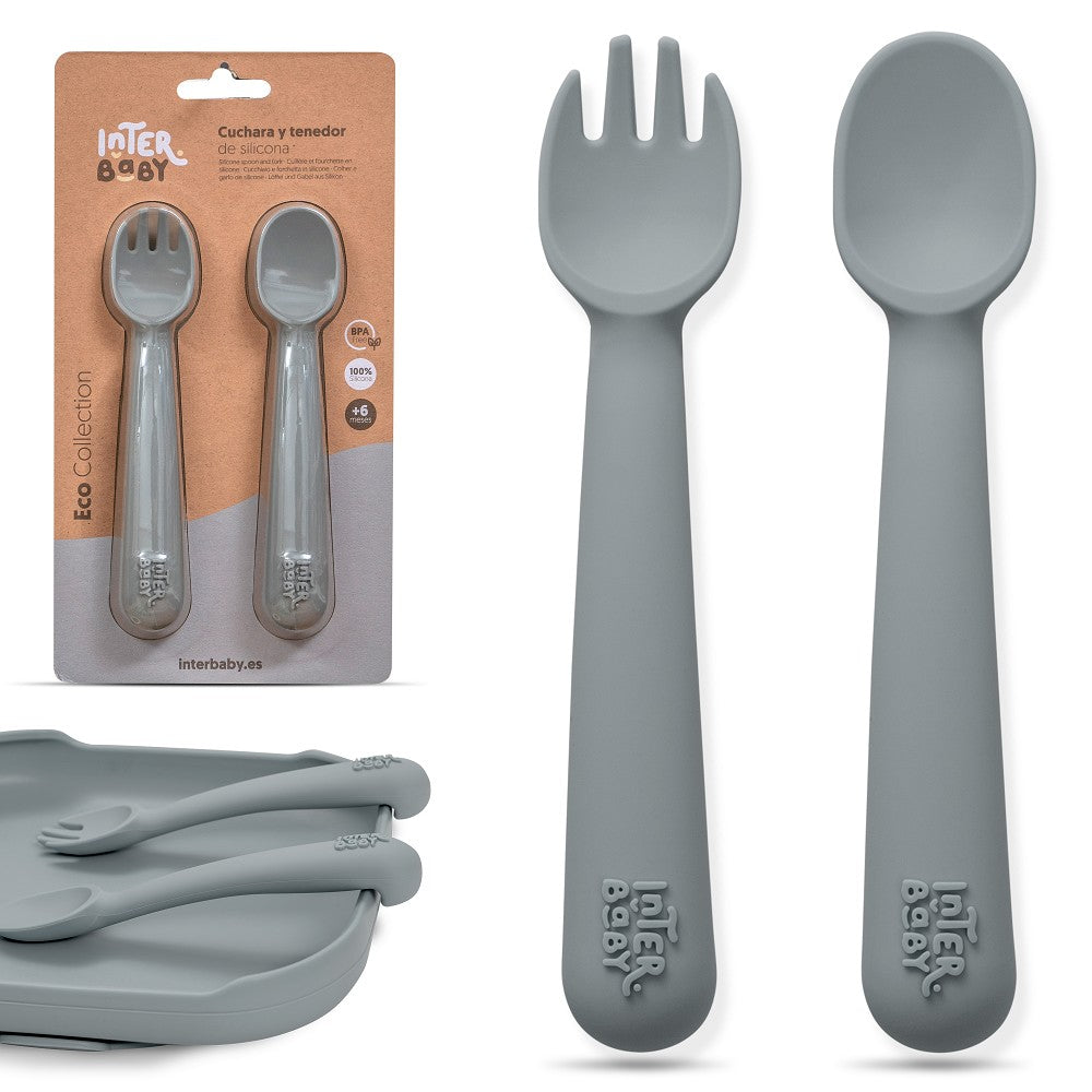 Colher E Garfo De Silicone Cinza Petrola Interbaby
