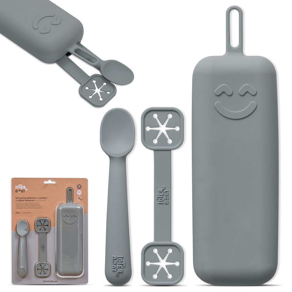 Conjunto Porta Talheres + Colher E Porta Babetes De Silicone Cinza Petrola Interbaby