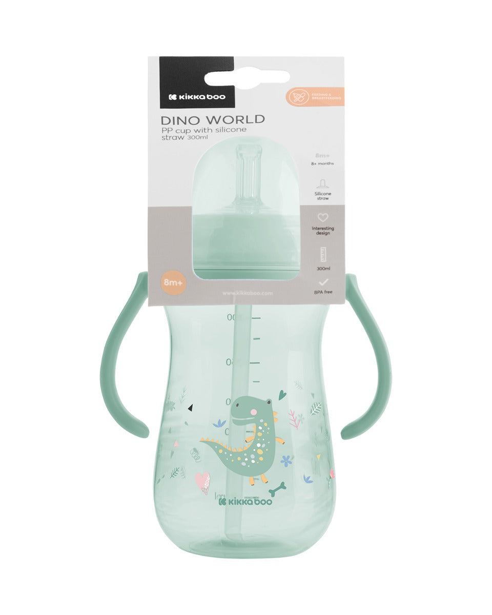 Copo PP Dino World Mint 300ml com palhinha de silicone Kikkaboo