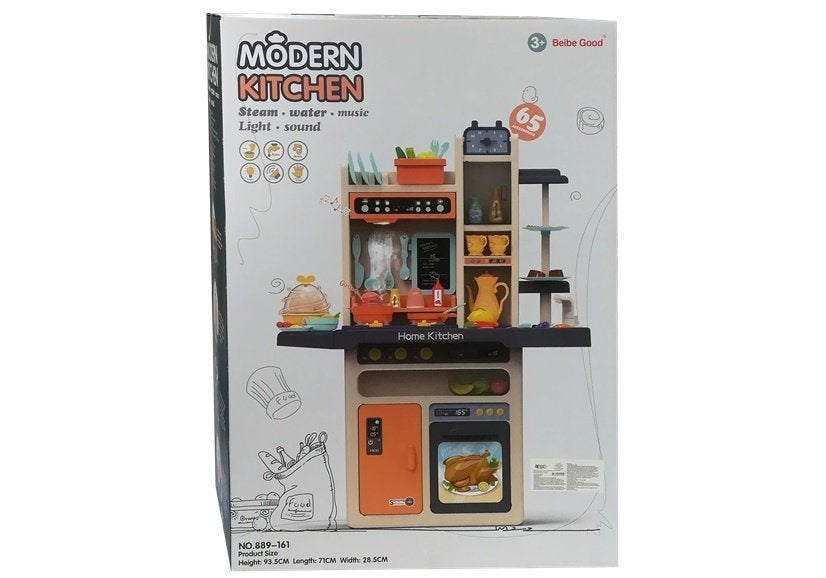 Cozinha infantil laranja com legumes e talheres