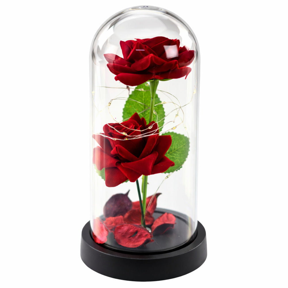Duas Rosas Eternas Vermelhas Verticais em Cúpula LED com Pétalas 21x11 cm