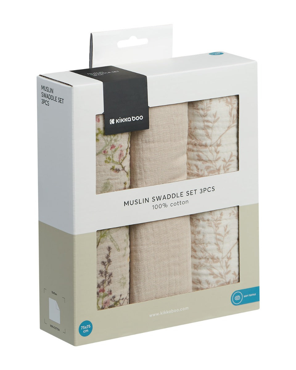 Conjunto de fraldas em musselina Secret Garden, pacote de 3, 75 x 75 cm, bege