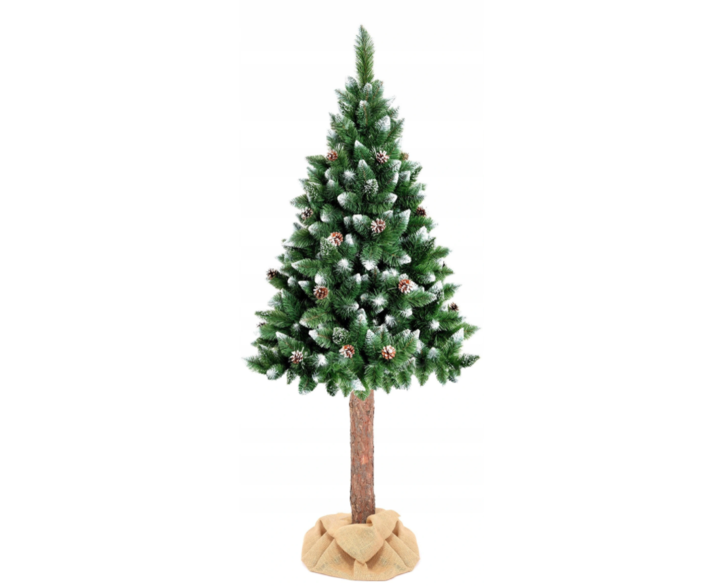 Árvore de Natal artificial 180 cm com neve, pinhas e tronco