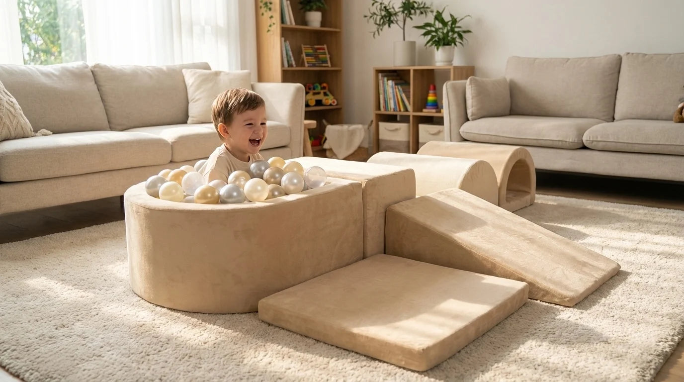 Conjunto de brinquedos em espuma 7 peças com piscina de bolas bege