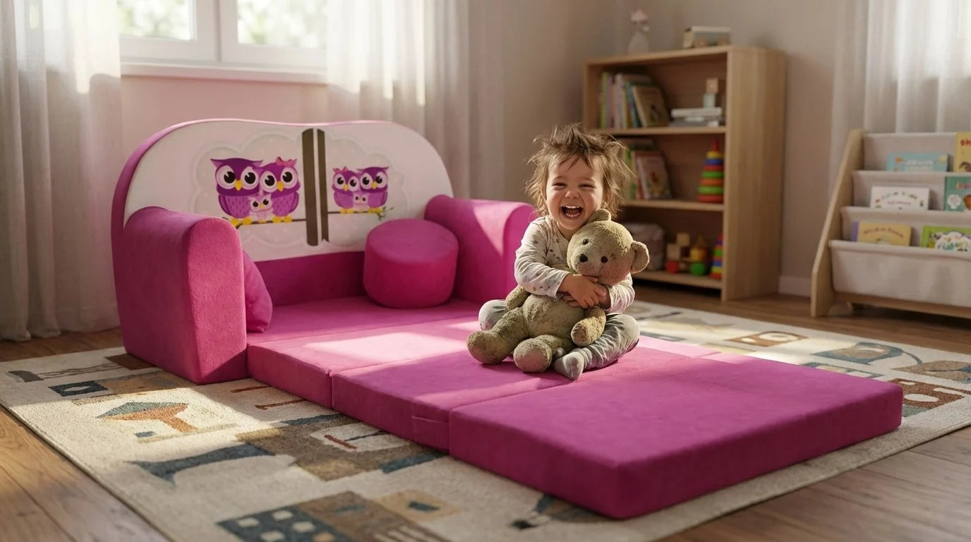 Sofá-cama infantil 170x100x8 cm rosa corujas
