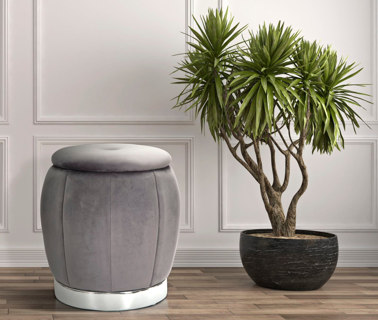 Pufe recipiente Paris Grigio Prateado Cm ø 43x43