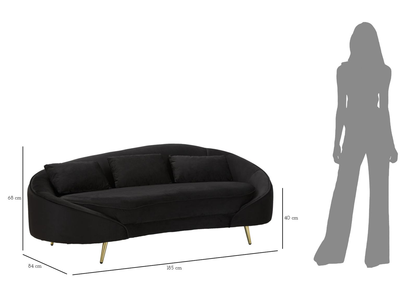 Sofá 3 lugares Oslo com Cuscini Preto Cm 185x84x68