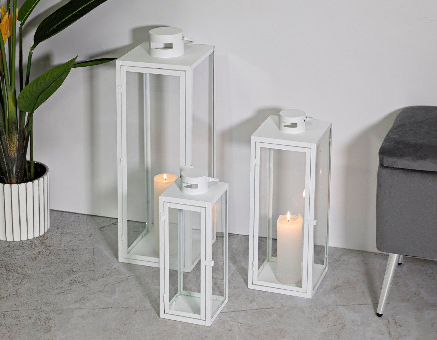 Lanterna Branco Conjunto 3 Un. Cm 22x22x66-18x18x49,5-14x14x39