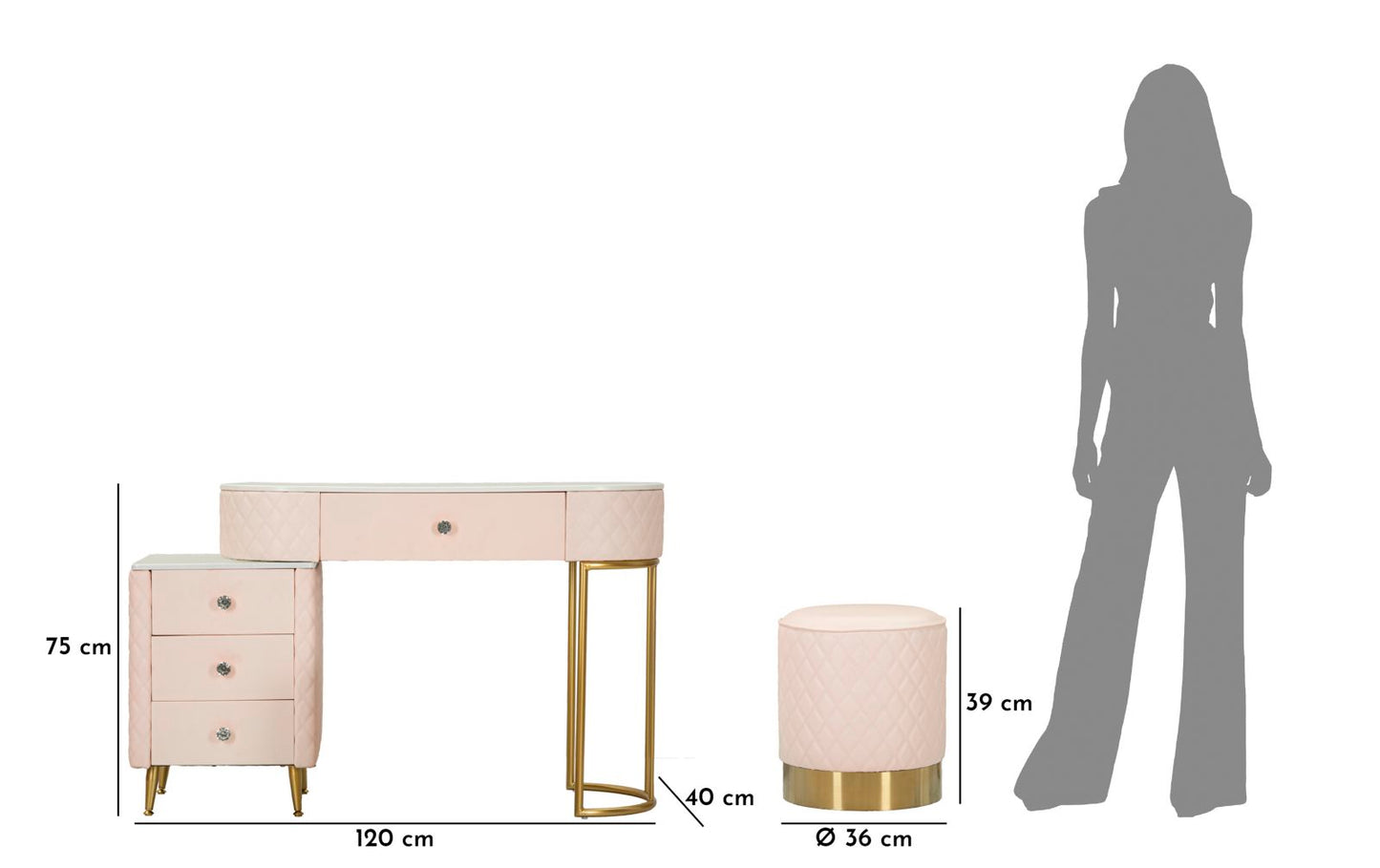 Toeletta Sharon Rosa com Pufe Cm 120x40x75 (Pufe Ø36x39)