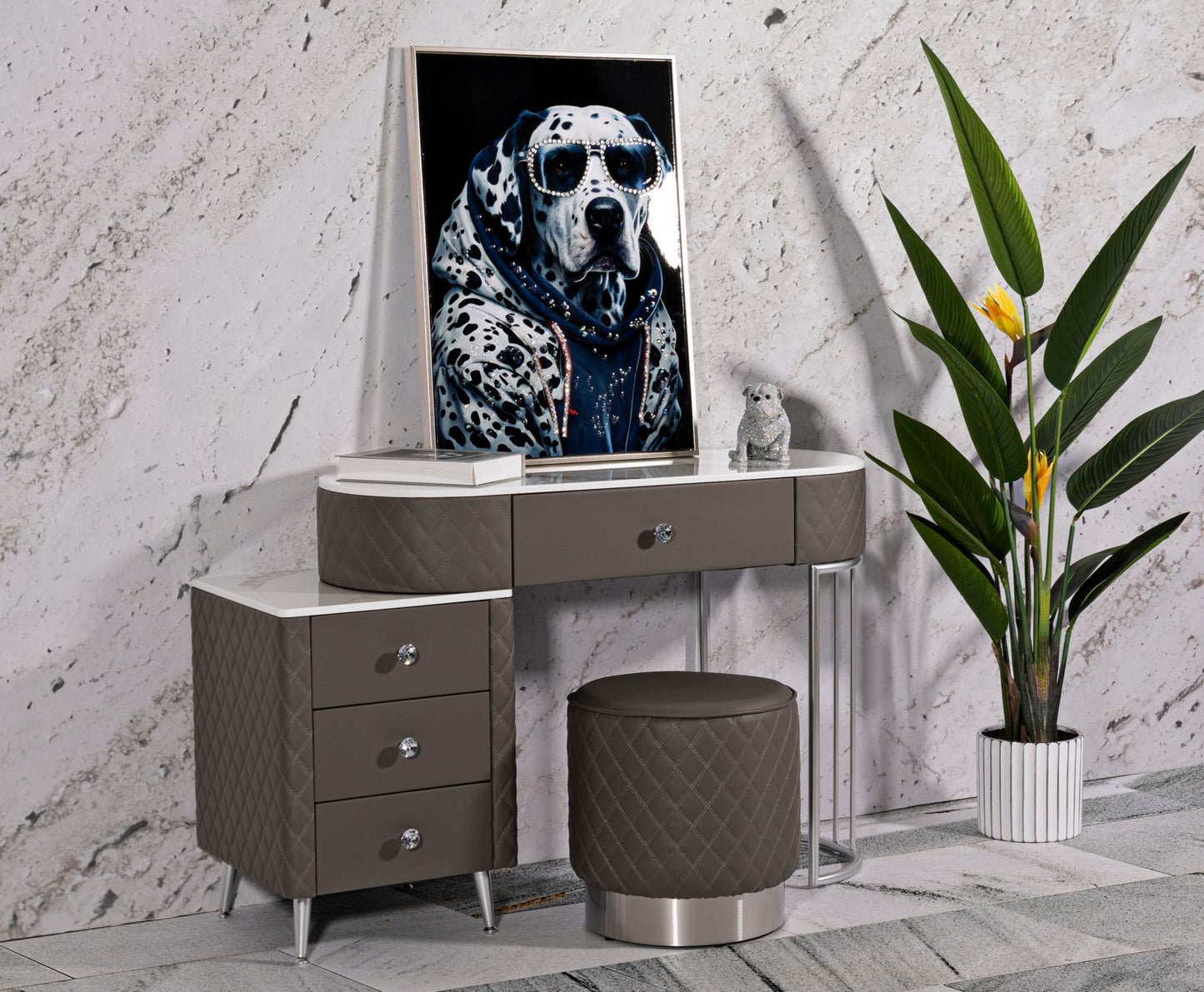 Toeletta Sharon Grigia com Pufe Gambe Argento Cm 120x40x75 (Pufe Ø36x39)