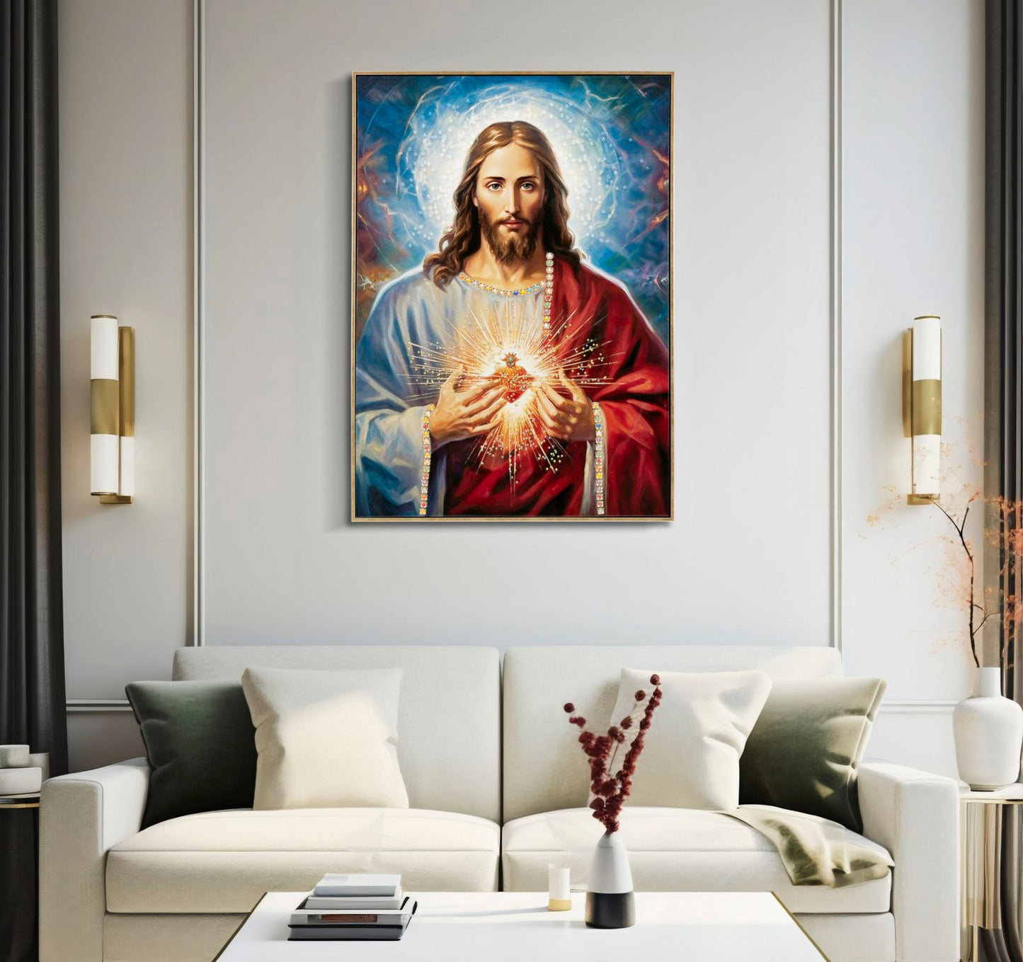 Pintura Sobre Tela Lacado Jesus com Moldura Cm 72x4x102