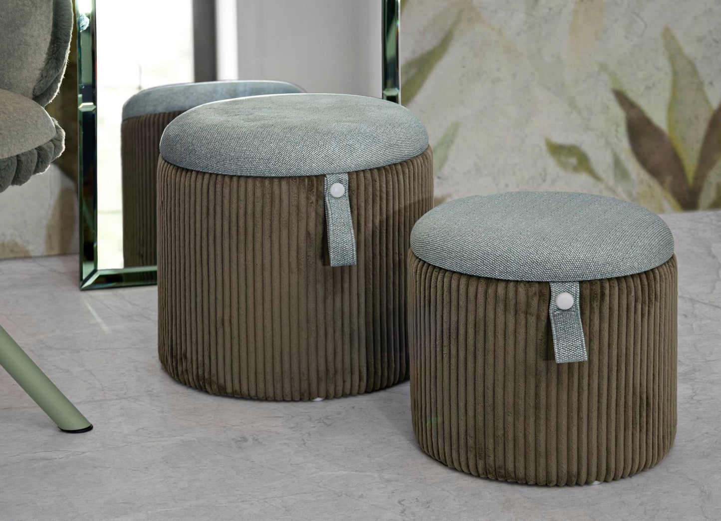 Pufe com Recipiente Bolzano Verde Conjunto 2 Un. Cm ø 38x38-32x28