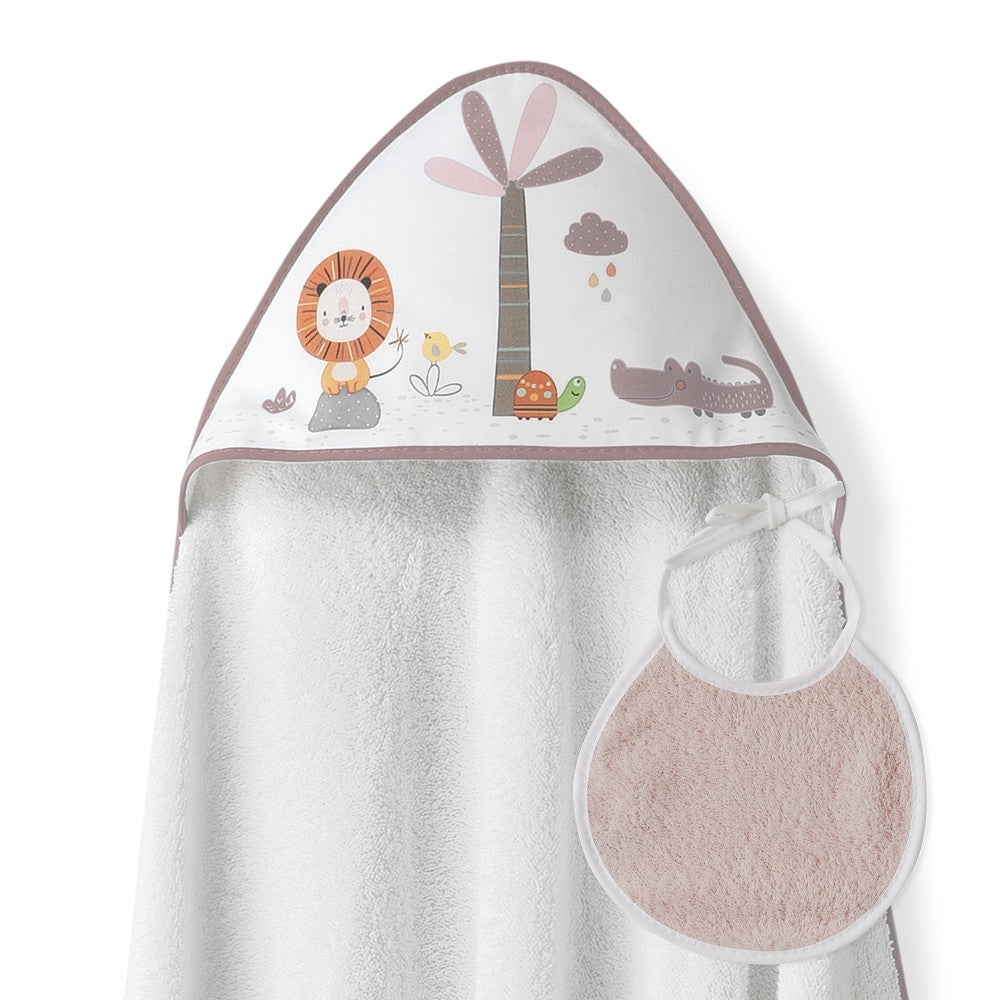 Toalha de banho 100X100 Algodão + Babete Leon Palmera Rosa Escuro Interbaby