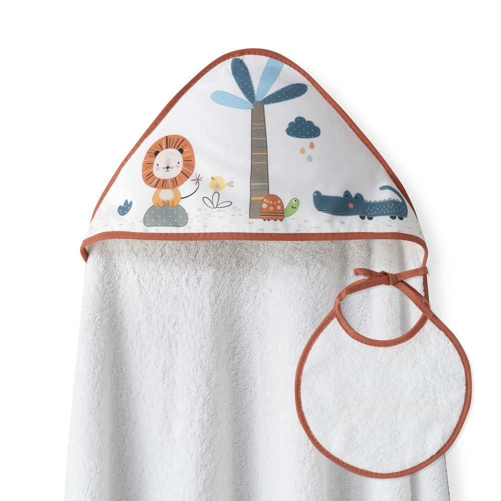 Toalha de banho 100X100 Algodão + Babete Leon Palmera Laranja Interbaby