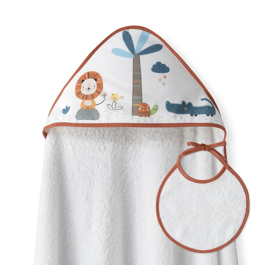 Toalha de banho 100X100 Algodão + Babete Leon Palmera Laranja Interbaby