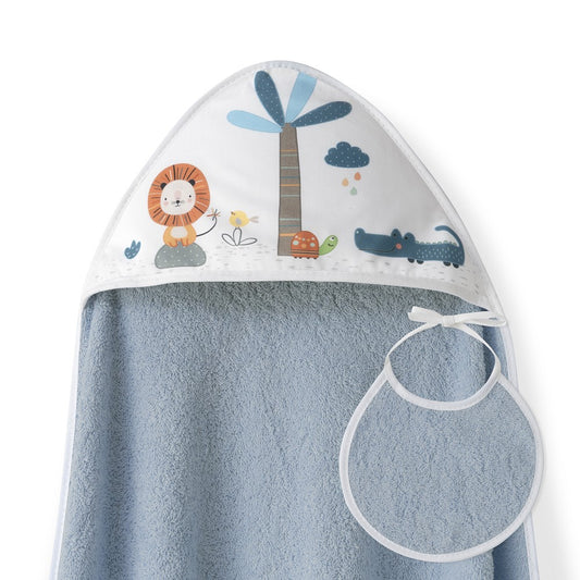 Toalha de banho 100X100 Algodão + Babete Leon Palmera Petrola  Interbaby