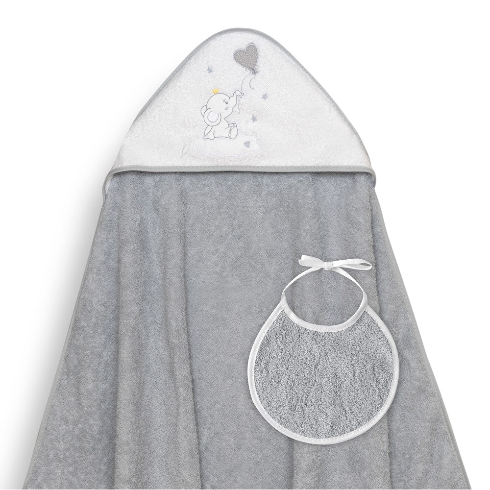 Toalha de banho 100X100 + Babete Globo Corazón Cinza Interbaby