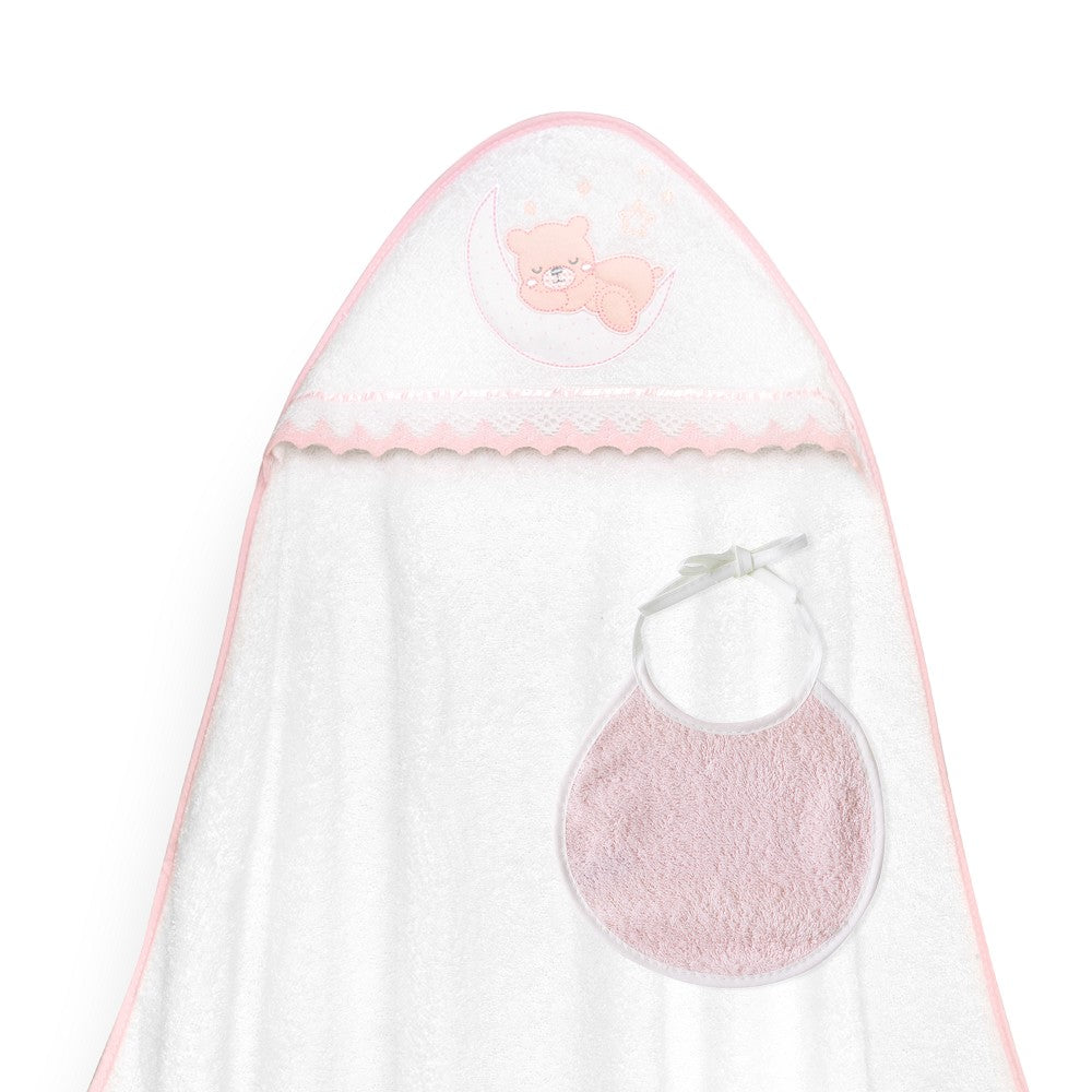 Toalha de banho 100X100 + Babete Osito Luna Guipur Rosa Interbaby